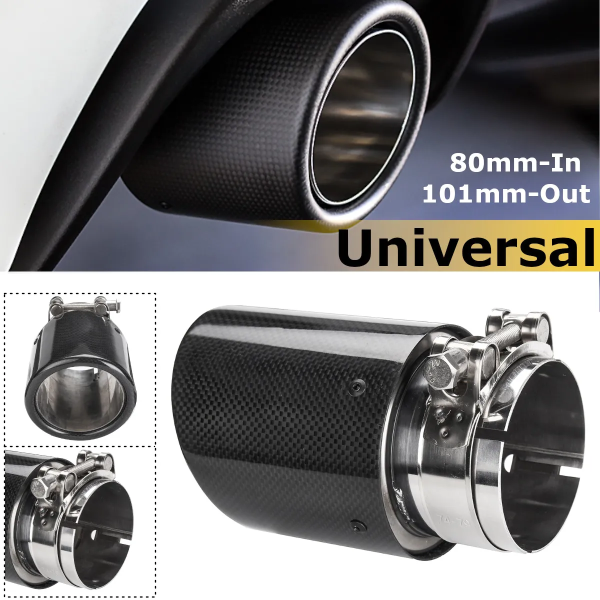 Universal 80mm In 101mm Out Glossy Black Carbon Fiber Car Exhaust Tail