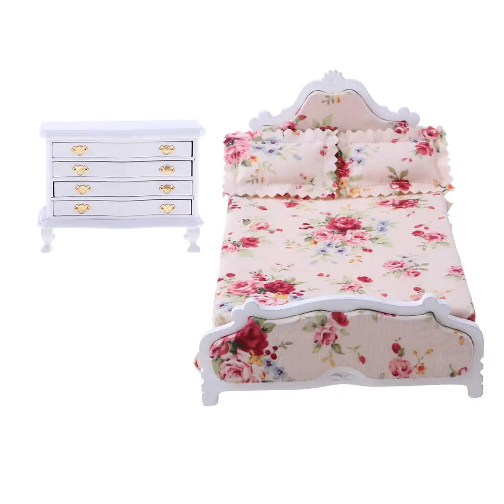  1:12 Scale Dollhouse Bedroom Furniture Wooden Double Bed + Bedside Table Model Miniature Doll House