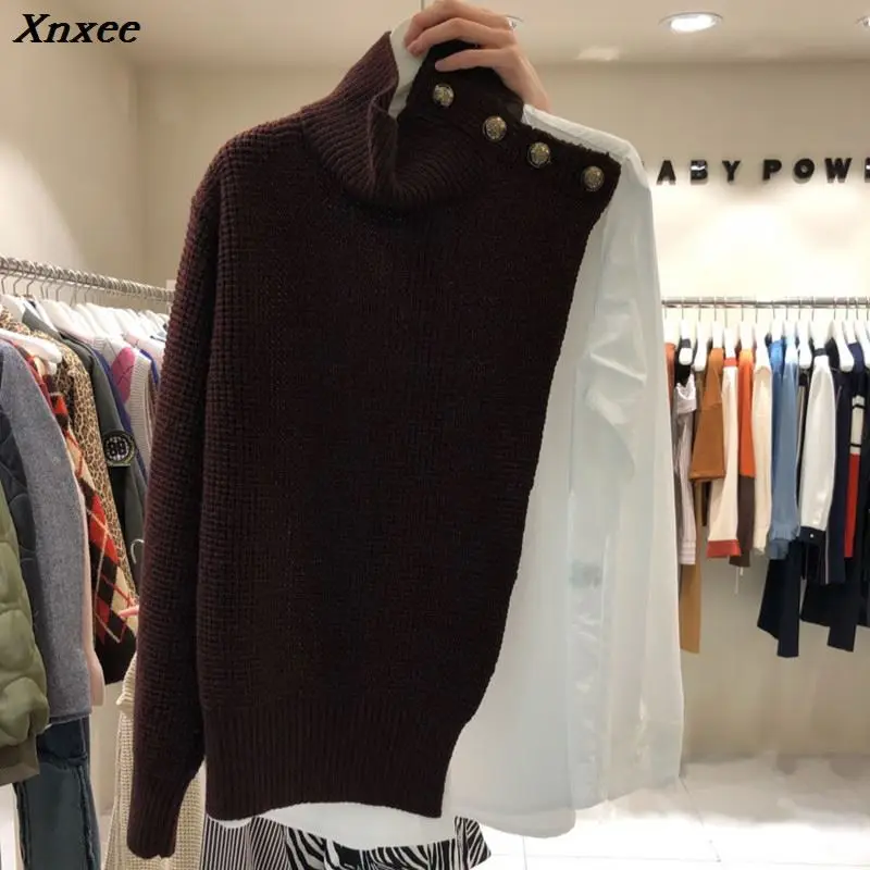 Korean Autumn Striped Button Patchwork Women Sweater 2019 New Fashion Casual Long Sleeve Knitted Pullover Winter All Match Tops