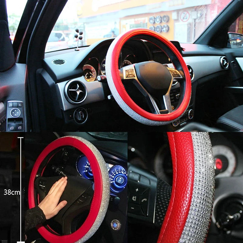 38 см кожа+ горный хрусталь Красный Модный Автомобильный руль крышка Нескользящие автомобильные аксессуары для мужчин и женщин