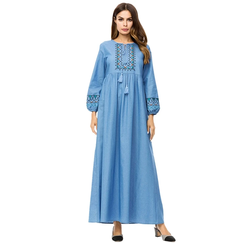 

Elegant Muslim Women Denim Long Dress Geometric Embroidery High Waist Lantern Sleeve Dress Tassel Drawstring Swing Dress