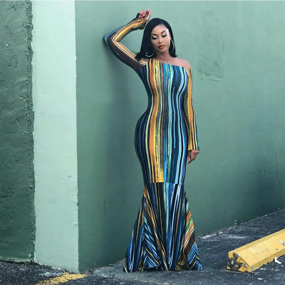 

Fashion Womens Off Shoulder Long Sleeve Striped Dress Evening Party Skinny Ankle Length Long Maxi Dresses