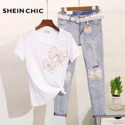 2019 Новые Летние Элегантные женский костюм из двух предметов 3D животных блестками бисер короткая рубашка Топы корректирующие и джинсовые