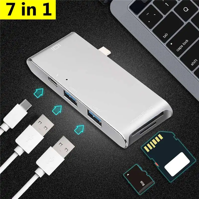 

7In1 USB Hubs 5Gbps Type-C 7 Ports HUB USB Splitter Adapter 4K Charging Adapter Converter SD TF Card Reader for Mac PC Notebook