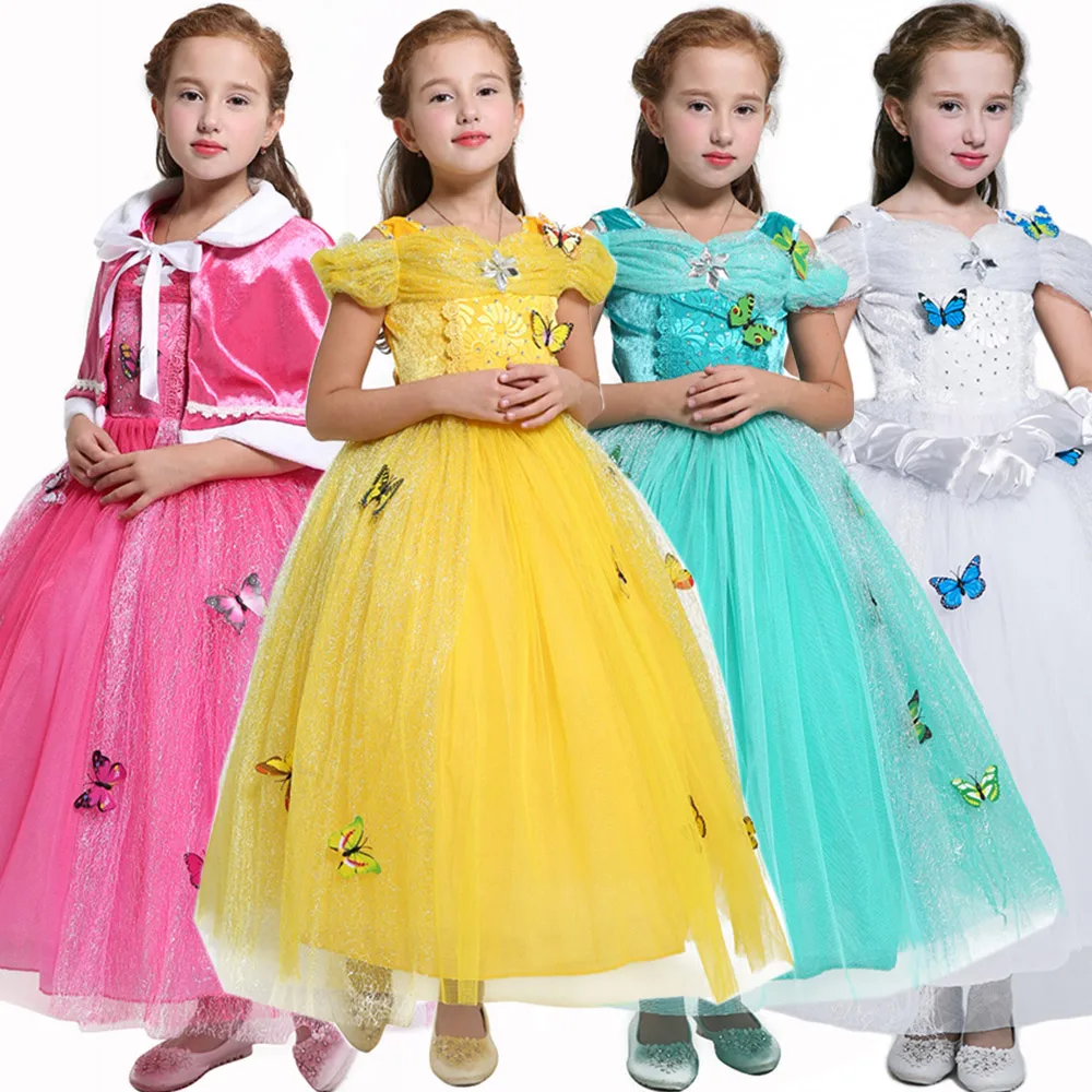 

Child Green Pink Yellow White Blue Cinderella Summer Ankle Length Princess Dress with Buttiflies Attached Girls Party Gown