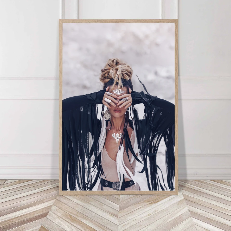 

Boho Girl Portrait Canvas Painting American indians Feather Figure Painting Modern Wall Pictures For Living Room Home Decoration