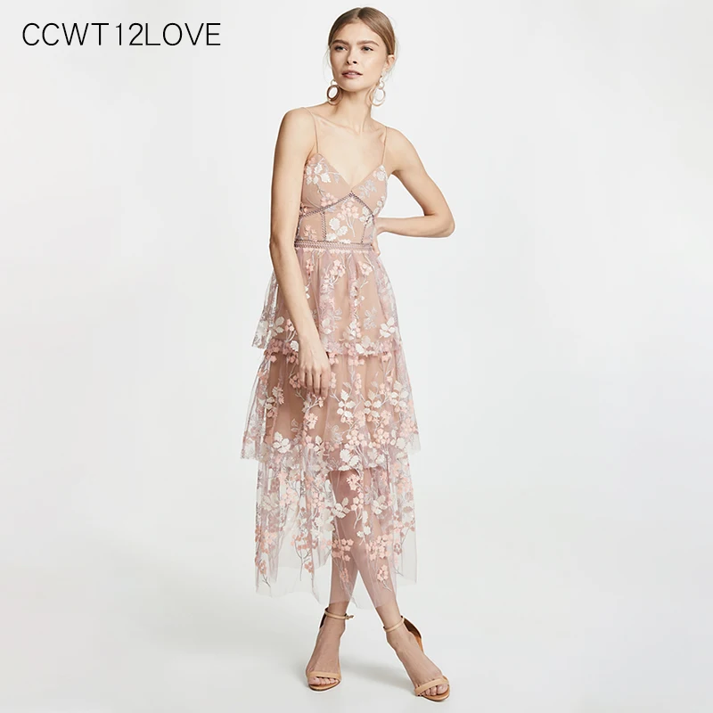 

Sequined Dress Floral Sexy V Neck Multi Layer Fairy Womens Long Dress Summer 2019 A Line Ladies Backless Dress Pink