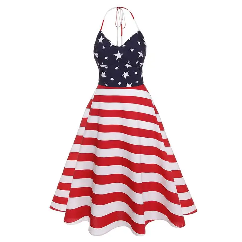 

Summer Dress Women Vintage Stars Stripes Pattern Printing Sexy Halter Net Yarn Splicing Slim Vintage Dress For Independence Day