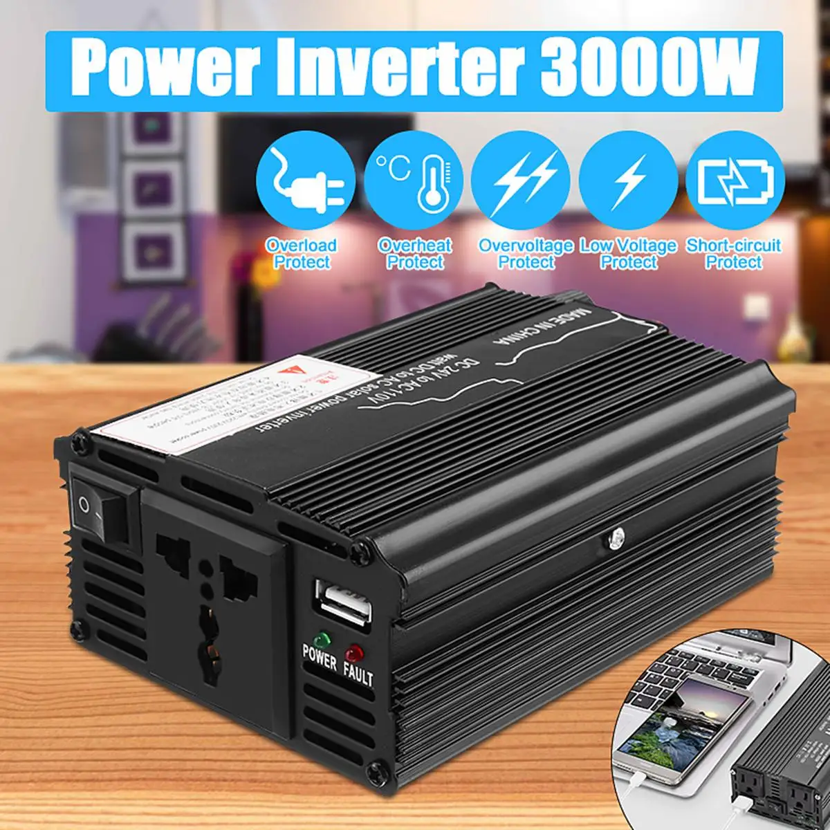 

Solar Inverter 12V 220V 3000W Peaks Power Voltage Transformer Converter DC 12V/24 To AC 110v/220V for car truck