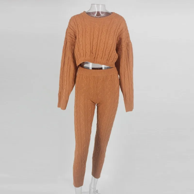 COSYGAL, однотонный вязаный свитер с длинным рукавом, повседневный осенний комплект из 2 предметов, женская одежда, сексуальный комплект из двух предметов,, топ с круглым вырезом и штаны