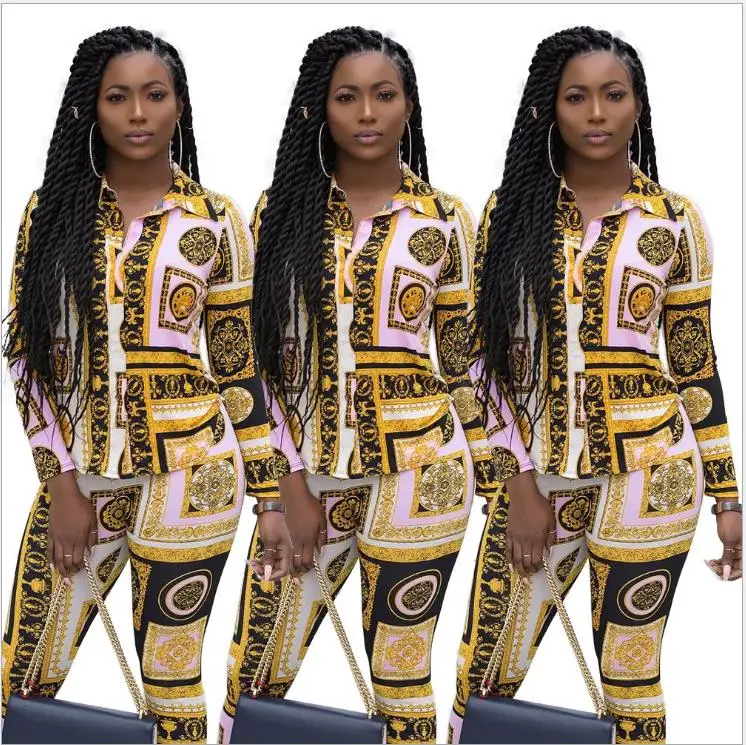 

Fashion 2018 hot style sexy women's digital print long-sleeve two-piece set