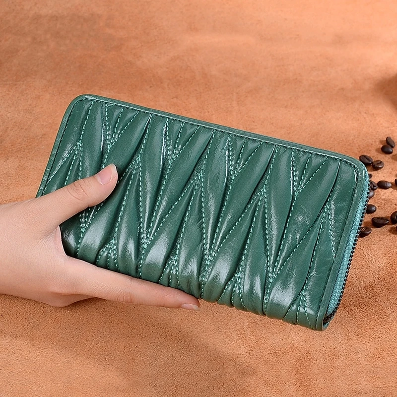 

Leather Pleated Women's Bag Handbag Long Korean Zipper Wallet Large Capacity Cowhide Women's Wallet
