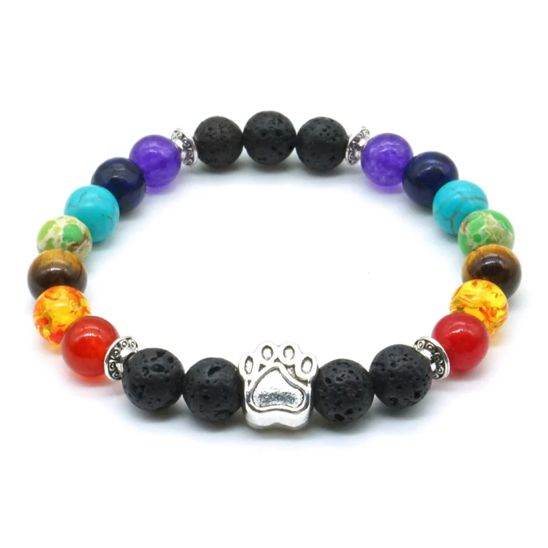 

Paw 7 Chakras 8mm Black Lava Stone Beads DIY Aromatherapy Essential Oil Diffuser Bracelet Yoga Strand Jewelry Dog Pet Loved