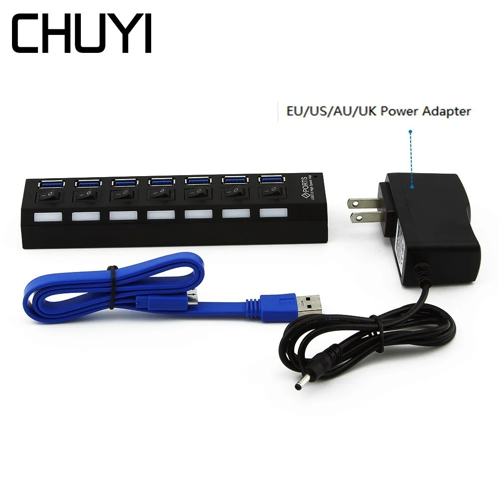 

Super Speed USB 3.0 Hub 7 Ports Multi USB Splitter On/Off Switches With EU/US/AU/UK Power Adapter For Computer PC Accessories