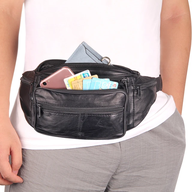 Luxury Black Fanny Pack Unisex Multifunctional Genuine Leather Waist