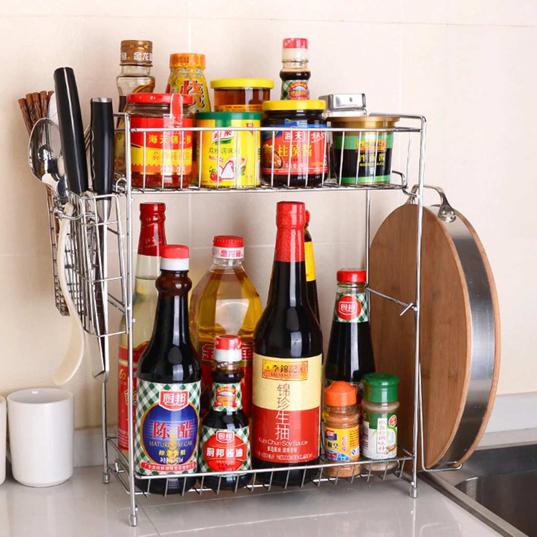 

HIPSTEEN Double-layer Demountable Condiments Rack Practical Multi-function Kitchen Storage Shelf - Silver