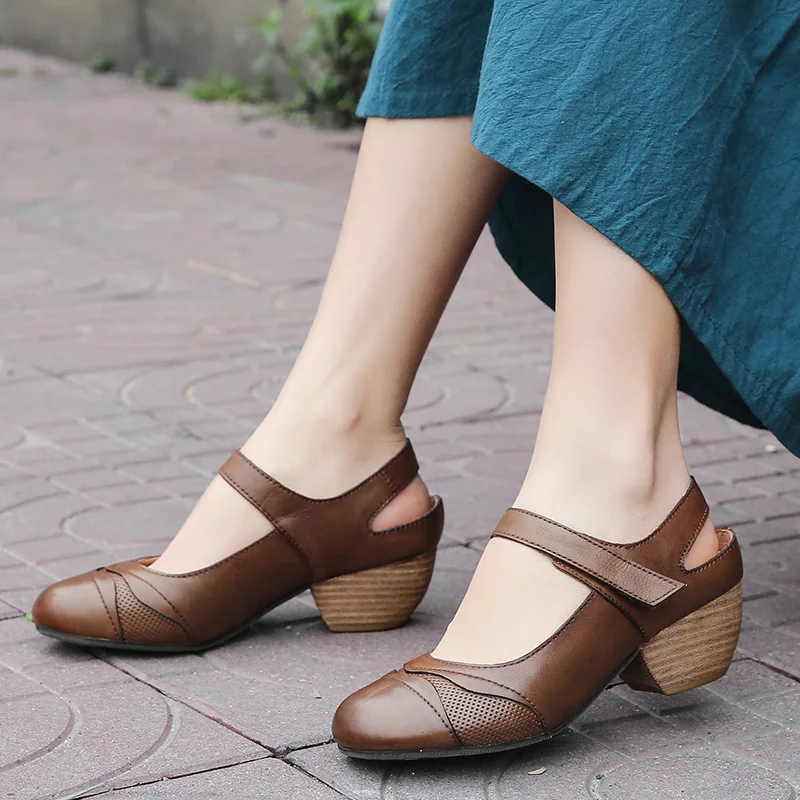 Chaussures Cuir De En Conception 2019 kaki Wedge Baotou Sandales Moyen Talon Femmes D'été Dark Blue Vintage Originale Véritable qBWwRFtt6