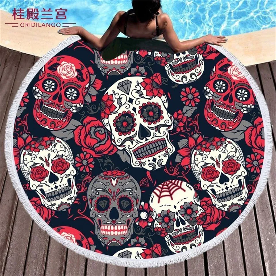 

GRIDILANGO Colorful Skull Pattern Round Beach Towel For Adult Kids Quickly Absorbtable Swimming Travel Home Blanket Bath Towel