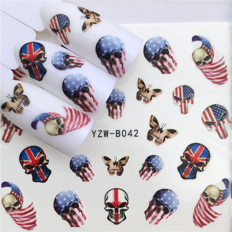 

2Sheets Skull Nail Stickers 3d USA Flag Punk Nail Art Water Decals Watercolor Pirate Sticker for Halloween Nailart Supplies New