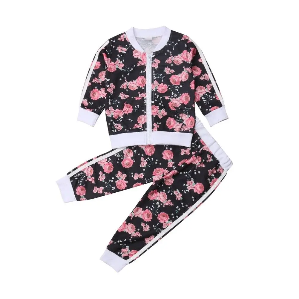

Baby Girls Fashion Outfits T-shirt+Pants Set Autumn Print Clothes zipper Tracksuit