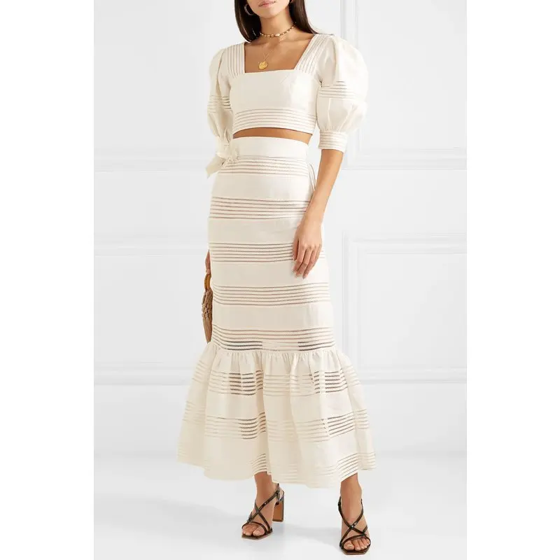 

Summer Runway Designer Dress 2019 Women Elegant White Long Hollow Out Mermaid Party Dress Cotton Two Piece Dress