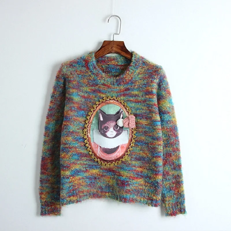 

Mohair Sweater Cute Cat Hat Patchwork Knitted Pullover 2018 Vintage Sweet mujer Women Jumper Long Sleeve Jersey Sweaters