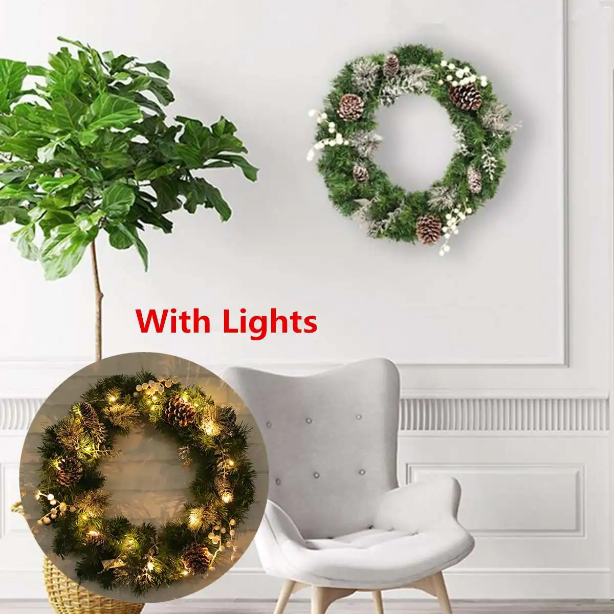 

60cm Christmas Hanging Wreath Garland LED Light Door Wall Tree Ornaments Home Decor Party Decoration Gifts Props Supplies