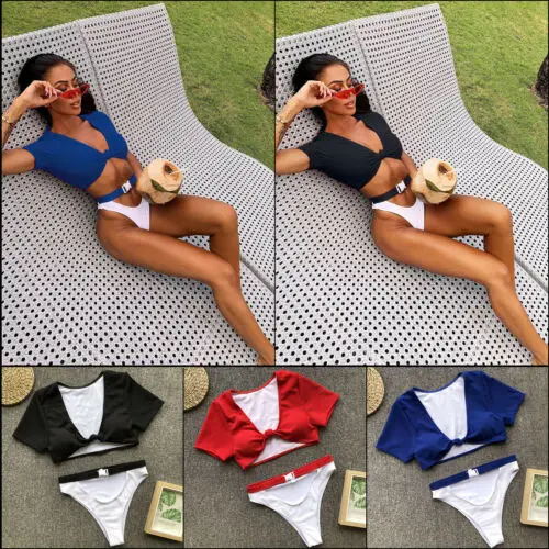 

New 2019 Summer Women Triangle Bikini Set Short Sleeve Padded Push up Bathing Suit Swimwear Swimsuit Beachwear Swimming Suit