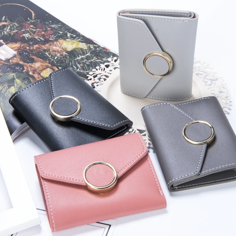 

Wallet Ms. Short Japanese And Korean Ring Metal Retro Lychee Pattern Solid Color Tri-Fold Clutch
