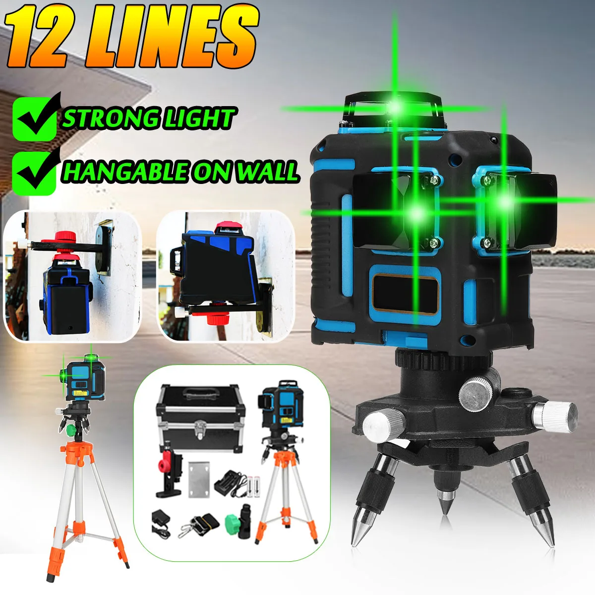 

Zeast Professional 12 Lines 360 3D Green Laser Level Self Leveling Horizontal Vertical Line Levels With Tripods Tools Set Case