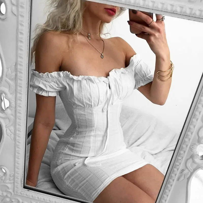 

Fuedage Sexy Off Shoulder Summer Bodycon Dress Women Strapless Elegant Short Mini Sexy Dress Casual Backless Party Dress Vestido