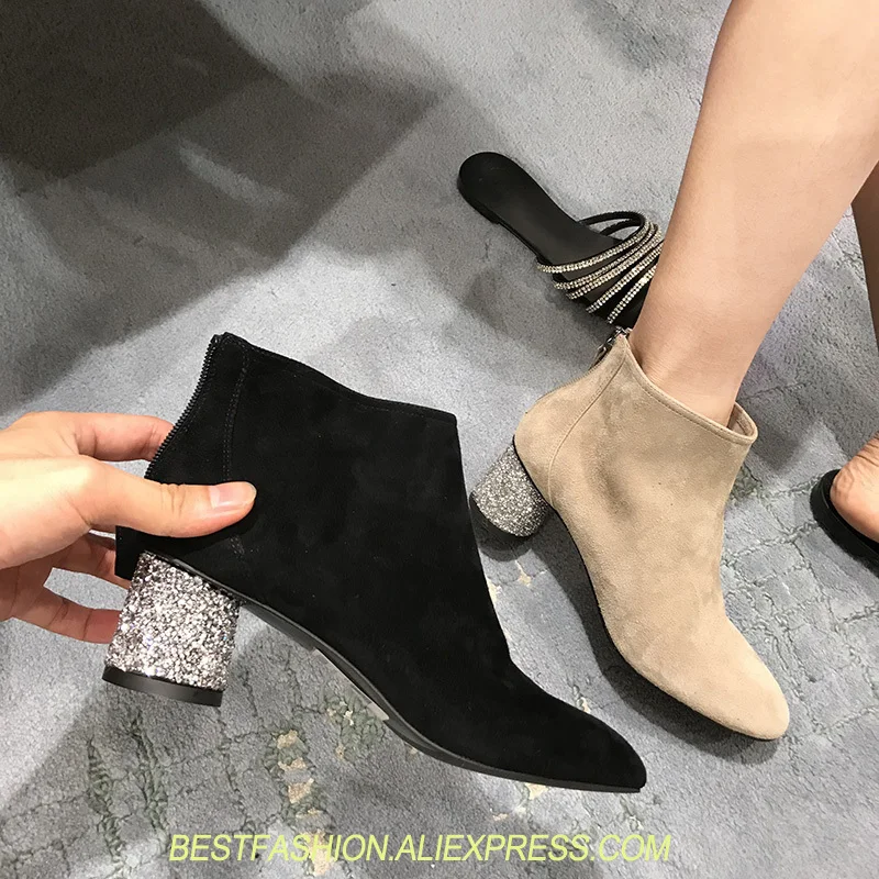 

Fashion Casual Ladies shoes Autumn Short Women Boots Martin boots Flock Leather boots Glitter Heel High heels Woman Ankle boot