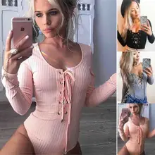 Women's Bodycon Bodysuit V Neck Long Sleeve Bandage Jumpsuit Romper Leotard Top