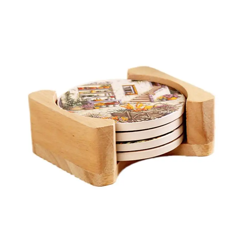 

5 Pcs Coasters Ceramic Cork Non-slip Round Rustic Floral Style Drink Coasters Cup Mats Table Placemats with Base Stand for Table