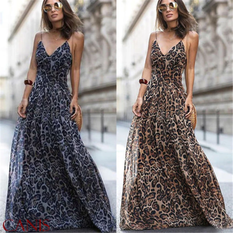 

Women Leopard Print V Neck Sleeveless Long Maxi Dresses Sundress Beach Summer