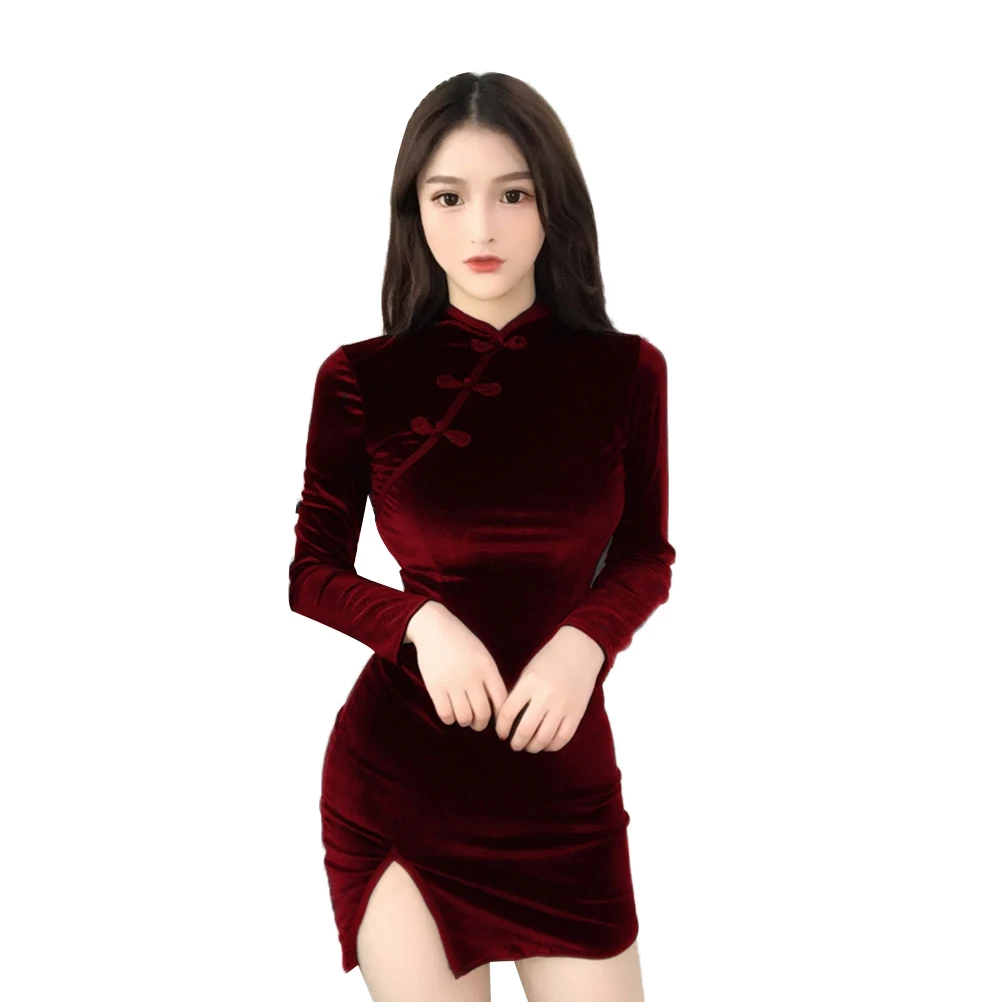 

Velvet Dress Women Long-Sleeved Cheongsam Slit Vintage Solid Dress Summer