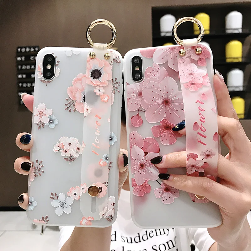 Matte Case For Huawei P30 Pro P20 Lite Wrist Strap Soft TPU Cover P10 Plus 3D Relief Flower Stand Coque |