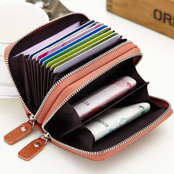 

Famous Brand Genuine Leather Women Card Holder Double Zipper Large Capacity Female ID Credit Card Case Bag Coin Wallet