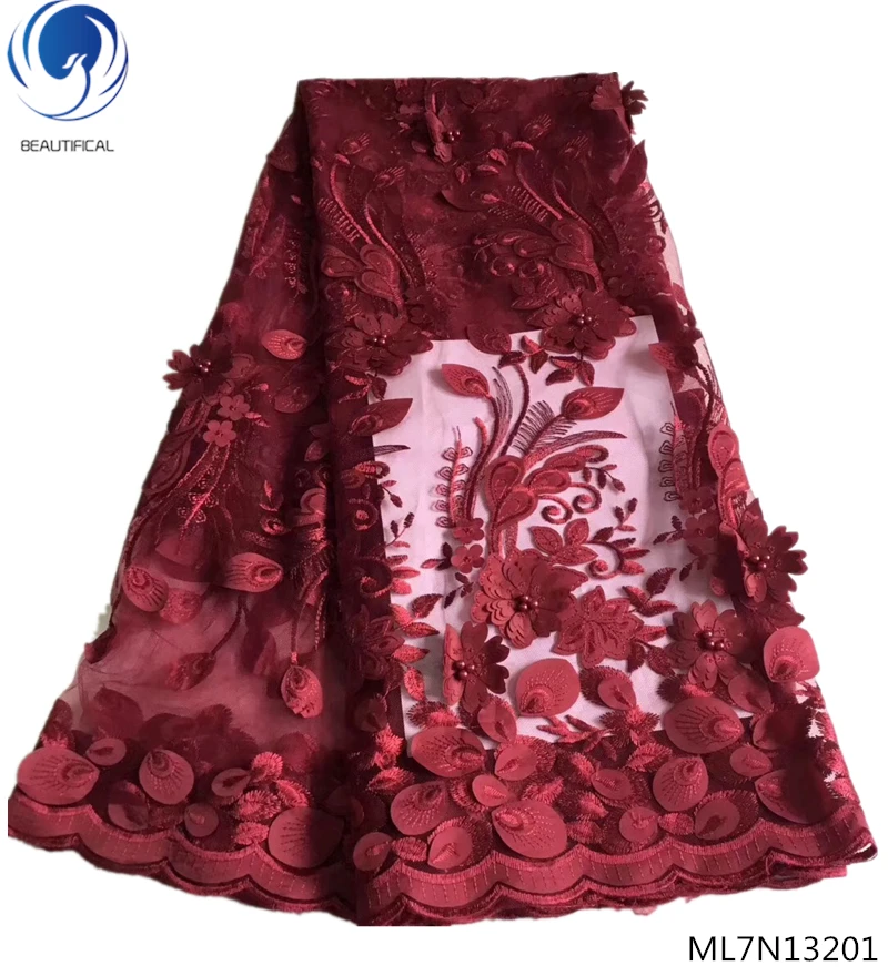 

BEAUTIFICAL french tulle lace fabric with beads 3D flower laces fabric red african laces fabrics for women dress 5 yards ML7N132