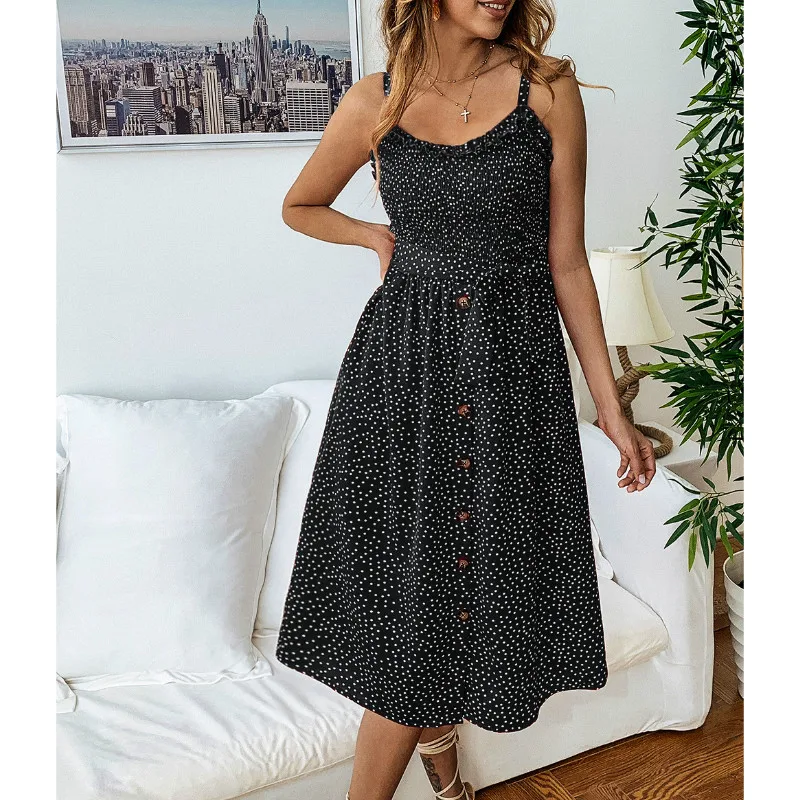 

Vintage Womens Polka Dot Midi Wrap Button Front Ruffle Dress Ladies Work Elegent Strap Sundress