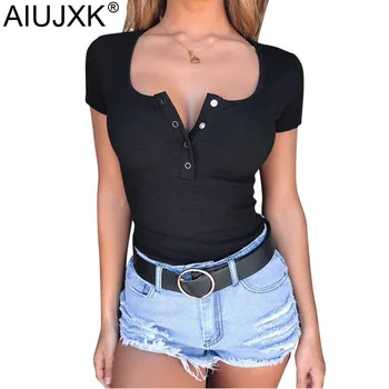 

AIUJXK New Arrival 2019 Fashion Cotton T Shirt Women Summer Button Sexy Tshirt Woman Casual Short Sleeve Black Tops Body T-shirt