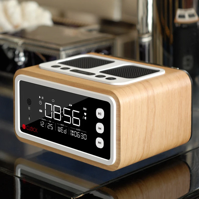 

LEORY Remote Control Bluetooth Speaker Fm Radio Alarm Clock Desktop Home Wooden Wireless Music Player 2500mah Powerful Speaker