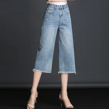 

Summer Capris Jeans For Women Plus Size High Waist Wide Leg Jeans Denim Short Pants Tassel Cropped Loose Boyfriend Jeans Ladies