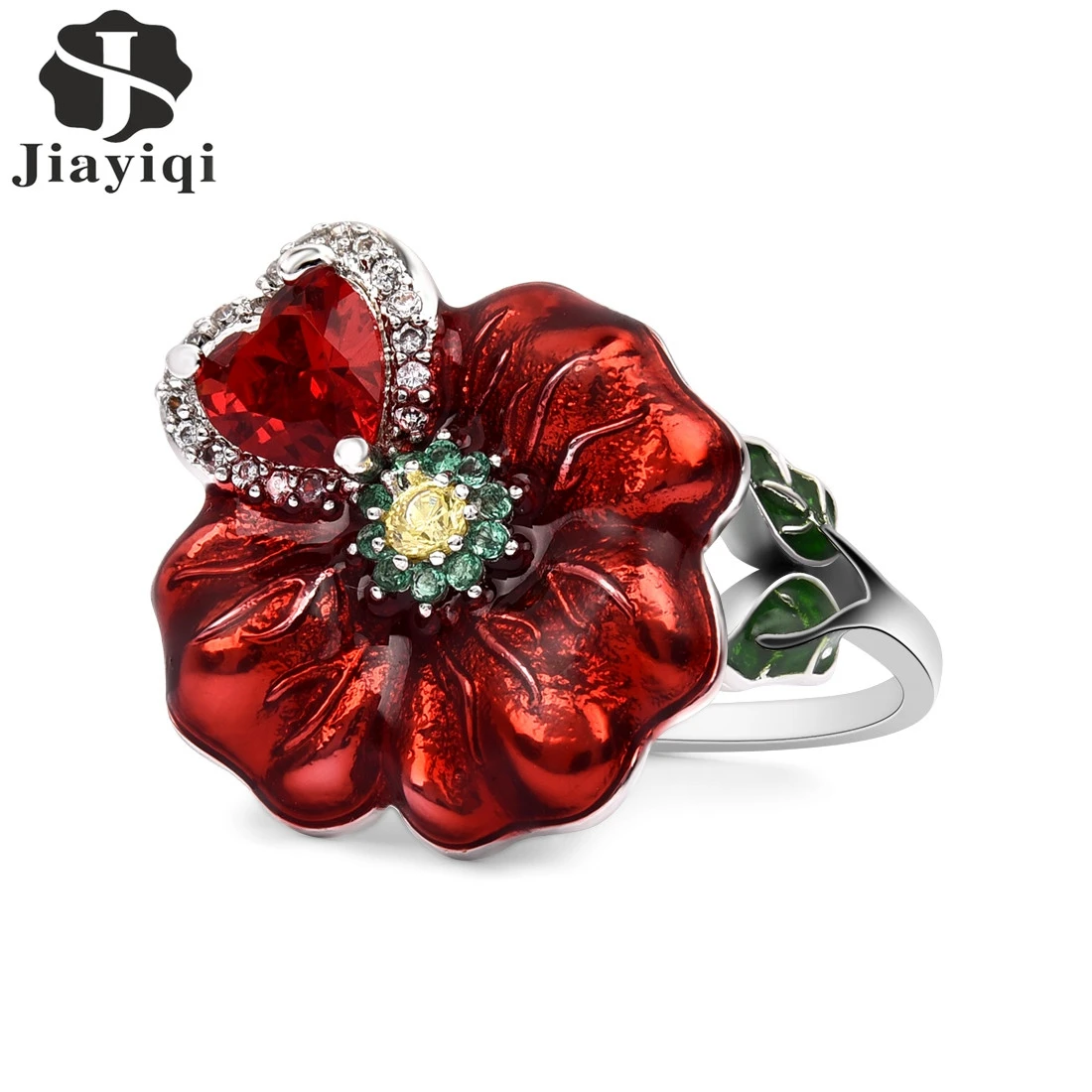 

2018 Fashion Creative Red Rose Flower Ring For Women Silver Color Jewelry Handmade Enamel Ring