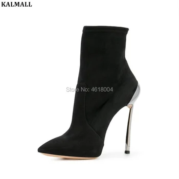 

KALMALL Big size 43 Party Dress Boots Women Suede Leather Blade High Heels Pointed Toe Ankle Boots Women Nightclub Botas Silver