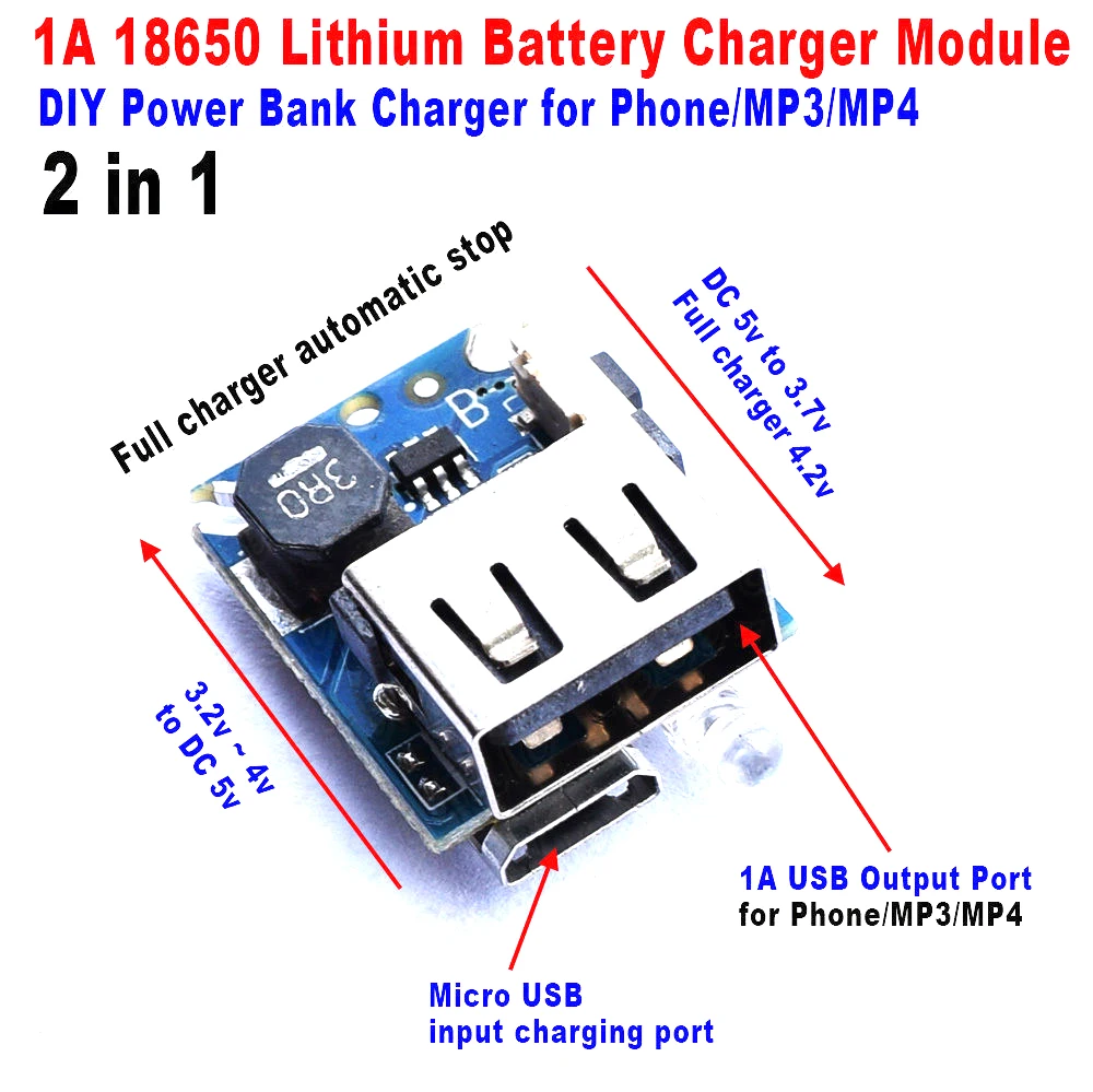 

2in1 USB 5V charge discharge board module DIY 18650 lithium battery Power Mobile Bank MP3 MP4 Input : 2.8~4.2V 3.7V 3.2V