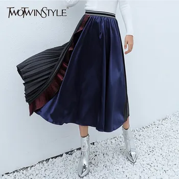 

TWOTWINSTYLE Spring Hit Colors Skirts For Women Elastic High Waist Ruffles Patchwork Pleated A-line Skirts Female Fashion Tide