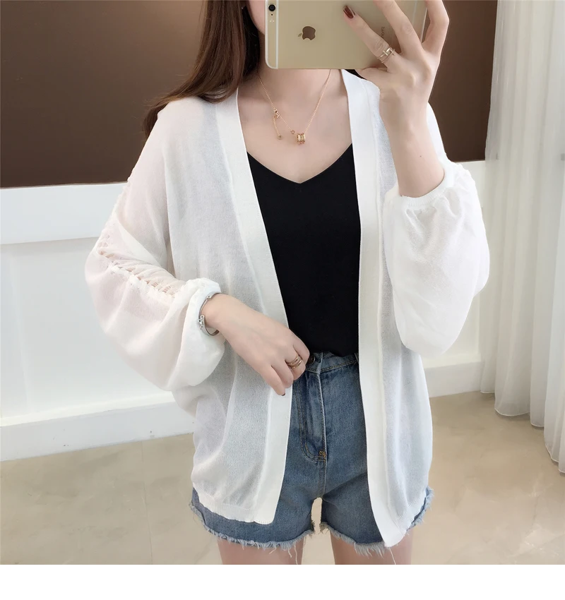 Thin knit cardigan female 2019 new spring summer Lace V neck solid sweater casual cardigans hollow loose shawl coat