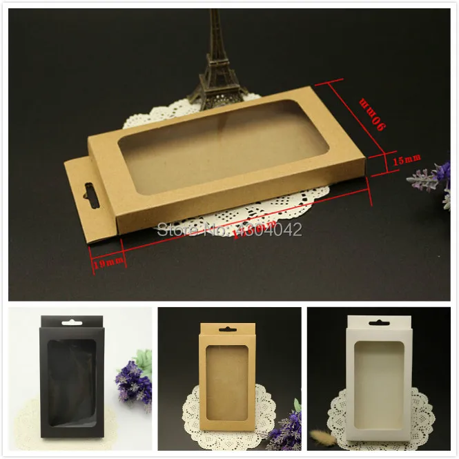 

3 sizes Brown Black kraft paper box with pvc window for mobile phone case,retail phone case packaging box, universal phone box