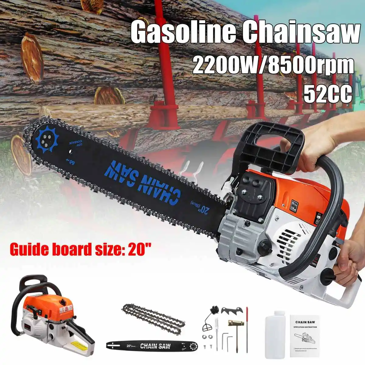

2200W 52CC Electric Gasoline Chainsaw Handed Power Saw Woodworking Wood Cutting Sharpening Grinding Machine 20Inch